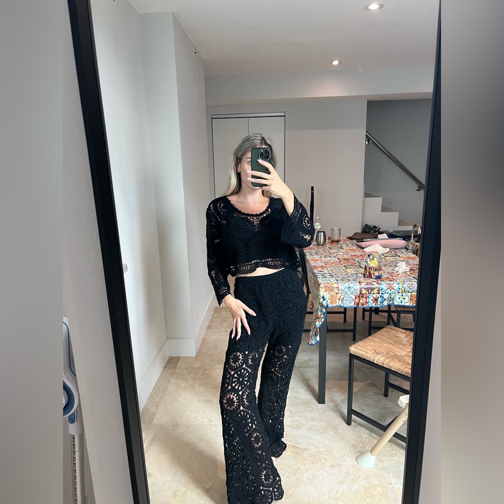 New Black crochet - knit set Pants + crop top long sleeves  size M